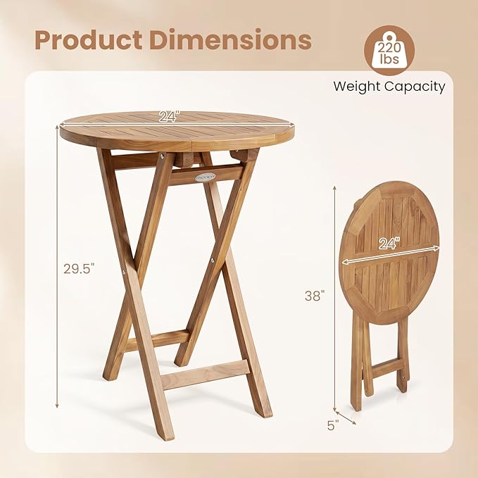Tangkula 24-Inch Teak Wood Folding Outdoor Table, Round Patio Table with Sturdy X-Frame, Space Saving Outside Bistro Table for Deck, Porch, Poolside, Balcony & Garden