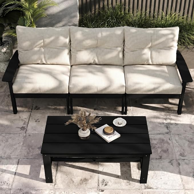 HDPE Patio Sofa Set, 3-Piece Sectional Outdoor Patio Furniture Set, All Weather Outdoor Couch Set with Beige Washable Thick Cushions for Lawn, Garden, Deck, Balcony, Porch (Black Frame)