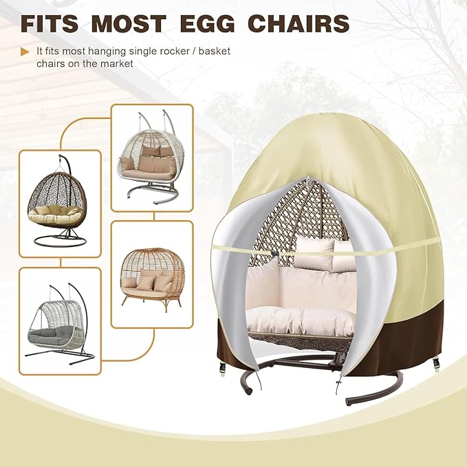 Patio Egg Chair Covers with Zipper, 91x80 Inches, Extra Large Double Egg Chairr Cover for Outdoor Furniture, Heavy Duty Swing Hanging Eggs Chair Cover Waterproof, Anti-UV, Dust-proof Beige