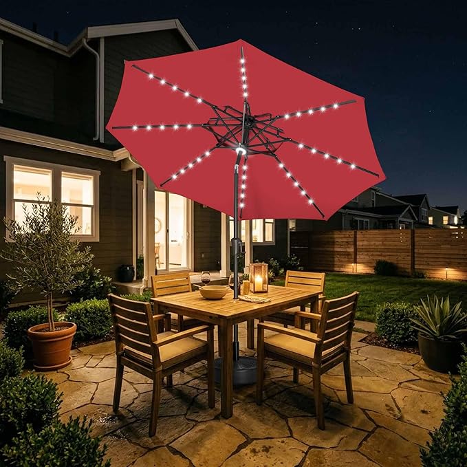 Jarka&Co 9ft Solar Patio Umbrella - 2 Tiers Solar Outdoor Umbrella with 40 LED Lights Waterprool UV Protection, Market Table Umbrella with Tilt for Backyard, Garden, Pool, Porch (Red)