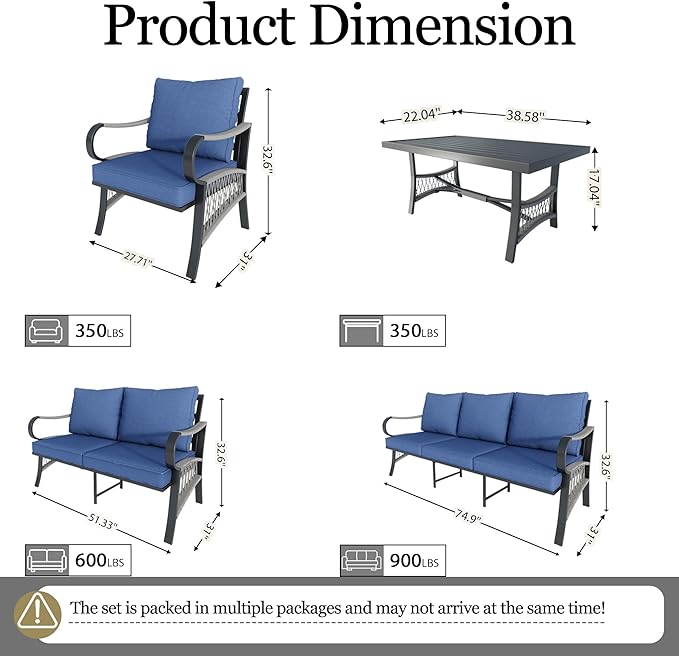 5 Pieces Patio Conversation Sets, All Weather Metal Outdoor Furniture Set with Sectional Sofa Loveseat Couch for Backyard Garden Deck Porch Poolside (Blue Cushions)