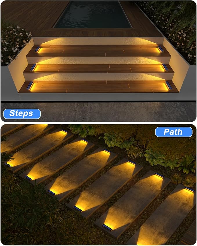 DetarZinLED Solar Step Lights for Outside,4 Pack Solar Stair Lights Outdoor Waterproof,Warm White Deck Light Solar Powered Waterproof for Steps,Stairs,Walkway,Sidewalk,Patio,Pathway