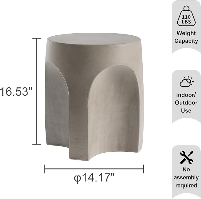 HOMPUS Outdoor Side Table Set of 2, Unique Concrete End Table w Arch Shape, Round Patio Accent Table Lightweight, Modern Vintage Garden Tool for Indoor Use, Grey