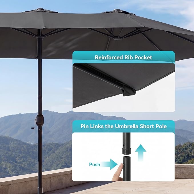 COSIEST 15FT Patio Umbrella with Base Included, Outdoor Double-Sided Table Umbrella,Large Rectangular Market Umbrella w Crank Handle for Garden, Pool, Deck Shade, Dark Gray