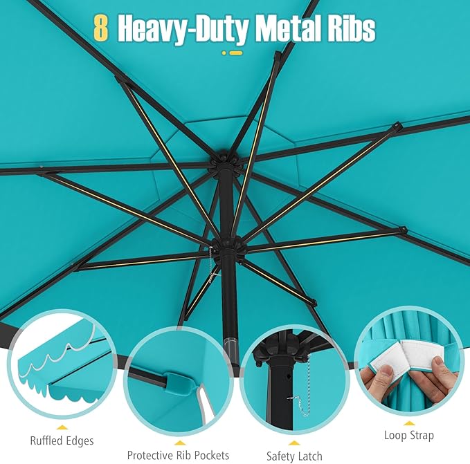 Tangkula 10 FT Patio Umbrella, 2-Tiers Scalloped Outdoor Table Market Umbrella with Tilt Adjustment, Crank, 8 Sturdy Ribs for Pool, Deck, Backyard (Turquoise)
