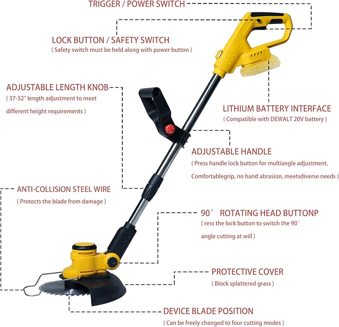 Electric Weed Wacker Cordless for Dewalt 20V Battery, 4-in-1 Battery-Powered Mower, Lightweight Cordless Weeder for Lawn, Yard and Brush Mowing (Battery Free, Yellow)