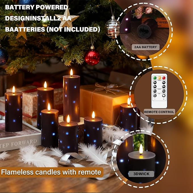 Nimiko Flickering Flameless Candles with Remote Control and Timer Set of 5 Pc Real Wax LED Pillar Candles, Battery Operated Candles（D2.2×H5/5.5"/6"/7"/8"） Halloween Decorations Home Decor （Black）