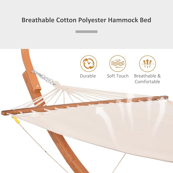 GOWE Outdoor Hammock with Stand & Accessories, Heavy Duty Wooden Frame, Extra Large Sun Shade Canopy, Indoor Outside Boho Style Nap Bed, Natural Cotton, White