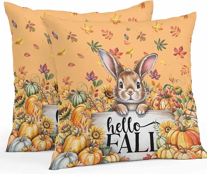 Thanksgiving Rabbit Outdoor Waterproof Pillow Covers, Orange Pumpkins Fall Leaves Flowers Decorative Square Throw Pillowcase Sofa Cushion Sham for Patio/Couch/Chair, 18"x18" 2 Pack