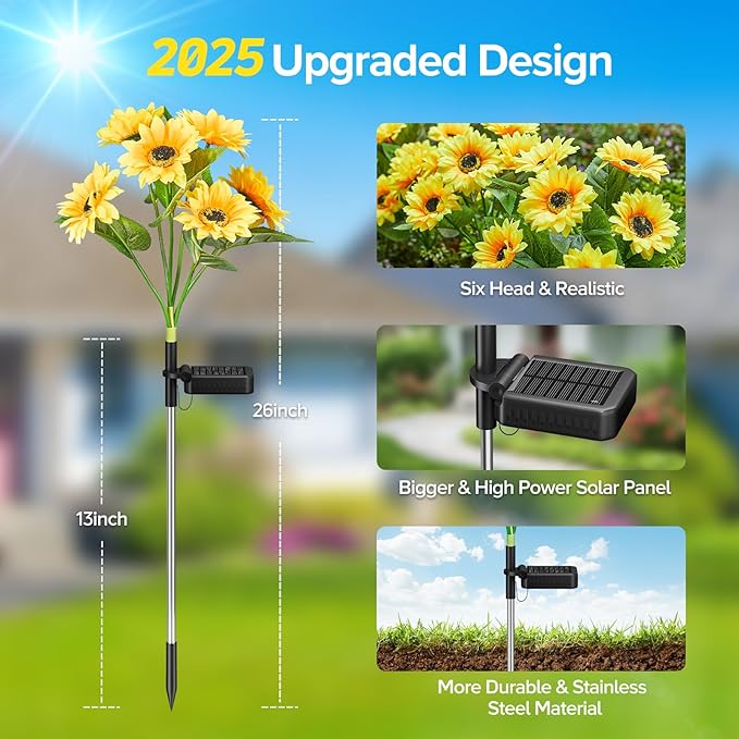 Solar Sunflower Lights Outdoor Waterproof - 3 Pack with 18 Bright Solar Sunflower Lights, IP65 Waterproof Light for Outdoor Flower Bed, Yard, Pathway, Patio Decor - for Mom, Women, Grandma