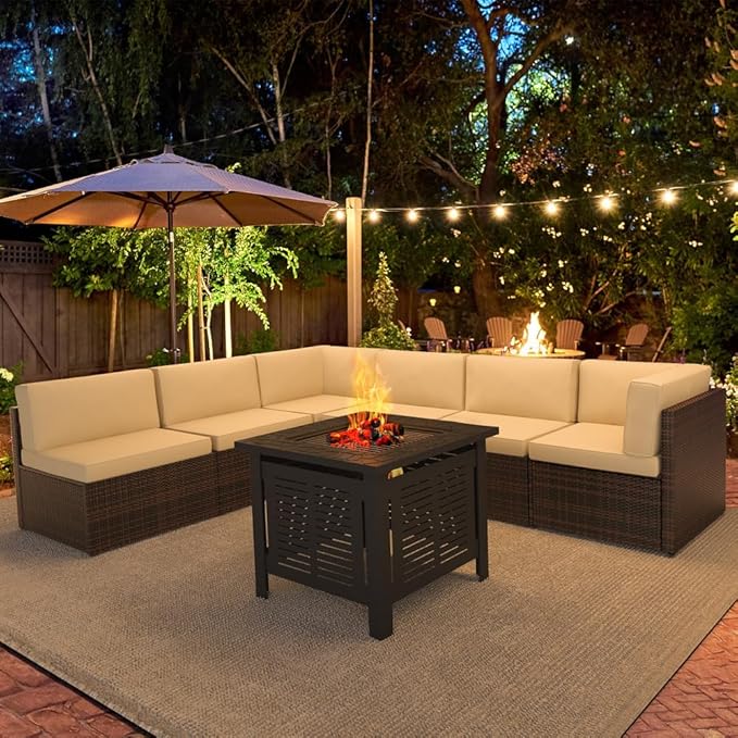 U-MAX 7 Piece Outdoor Patio Furniture Set with 30 Inch Fire Pit Table, PE Rattan Wicker Sofa Set, Outdoor Sectional Furniture Chair Set with Cushions and Tea Table, Brown Rattan&Beige Cushion