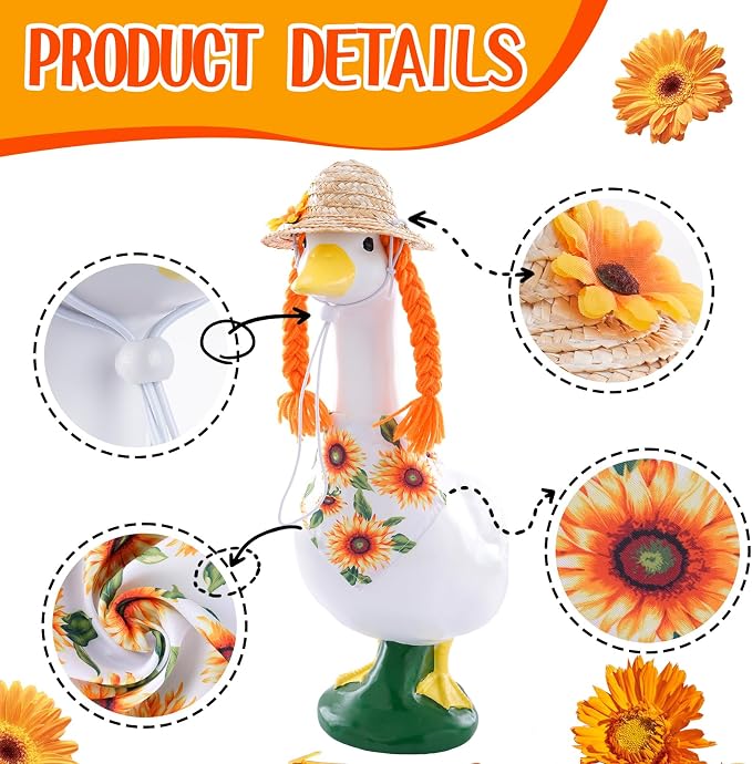 Sunflower Outfit for Porch Goose - 2Pcs Summer Goose Clothes with Yellow Floral Hat & Bib Accessories for 23” Cement or Plastic Gooses Statue, Garden Lawn Porch Decoration
