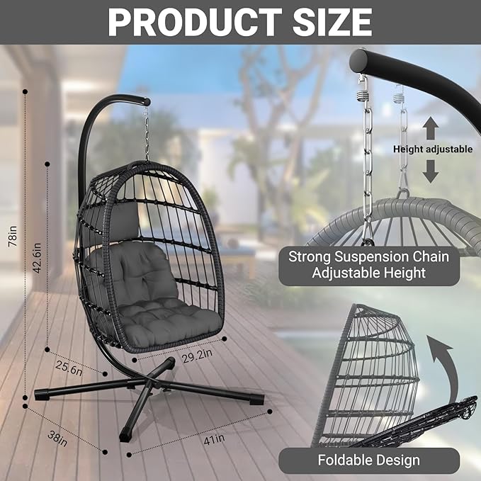 CHABATREE Egg Chair with Stand,Patio Rattan Wicker Hanging Swing Egg Chair Hammock Chair for Bedroom Porch Garden,Thickened Aluminum Alloy Steel Frame and UV Resistant Cushion,350LBS Capacity(Grey)