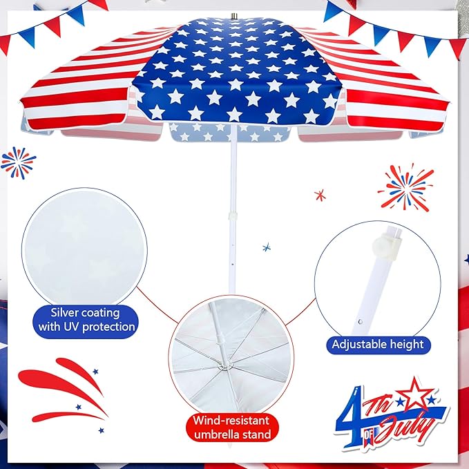 7.9ft 4th of July Patriotic Beach Umbrella Large American Flag Heavy Duty Wind Grade Red Blue White Umbrella UV 50+ for Patio Outdoor Independence Day