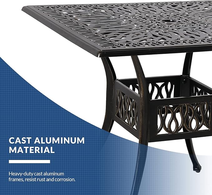 35.4 Inch Outdoor Dining Table Square Patio Table Bronze Cast Aluminum Rustic Large Table with Umbrella Hole