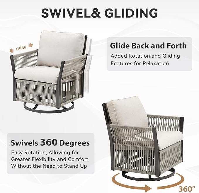 Wicker Outdoor Patio Furniture Set, 5 Piece Patio Conversation Set with Swivel Rocker Chairs, Ottomans and Coffee Table for Garden, Porch, Backyard (Beige)