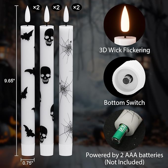 Eldnacele Flameless Taper Candles Flickering with Remote and Timer, Battery Operated LED Taper Candles Skull Bats Spider Decals Real Wax Halloween Indoor Decoration(6 Pack, 0.78 x 9.64 Inches)