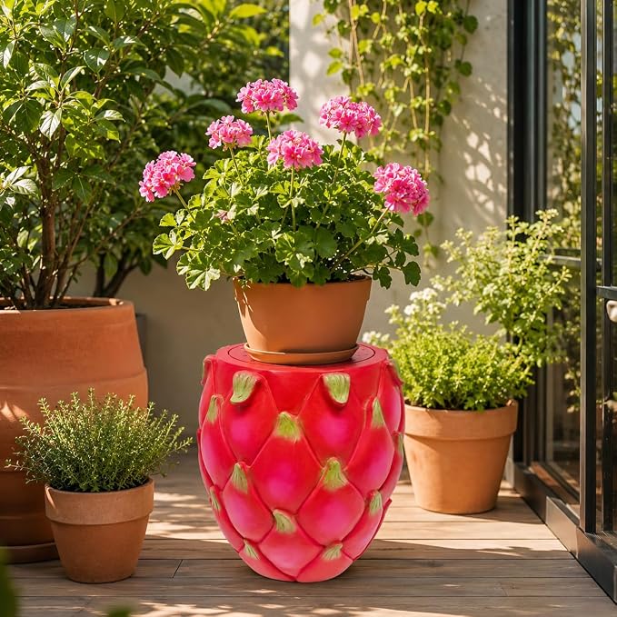 13.4" Dragonfruit Outdoor Garden Stool, Funky Fruit Side Table Indoor, Vibrant Table Home Decor Plant Stand Garden Indoor Outdoor Decorations