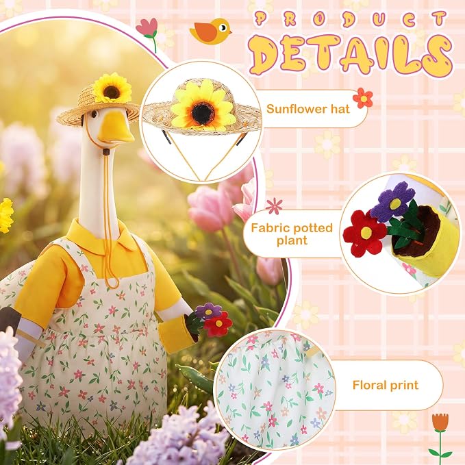 FuWeave Summer Goose Outfit Flower Porch Goose Clothes for 17" Statue Outdoor Patio Yard Lawn Art Decoration (Floral Overalls)