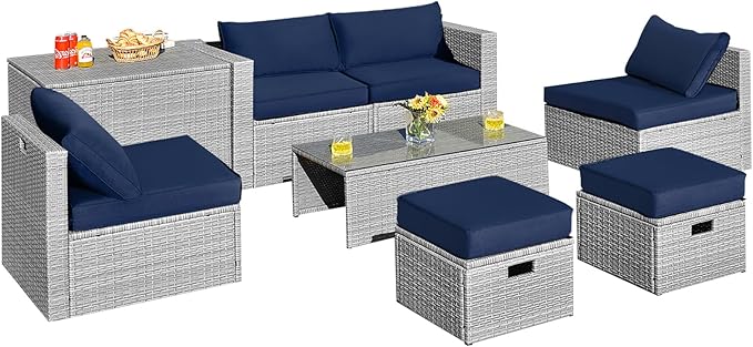 DORTALA 8 Pieces Patio Furniture Set, PE Rattan Sectional Sofa Set with Tempered Glass Table & Waterproof Cushions, Outdoor Wicker Conversation Set for Balcony, Poolside, Navy
