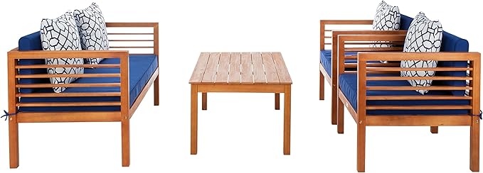 SAFAVIEH Outdoor Collection Alda Natural/ Navy Cushions/ Geometric Pattern Pillows 4-Piece Conversation Patio Set