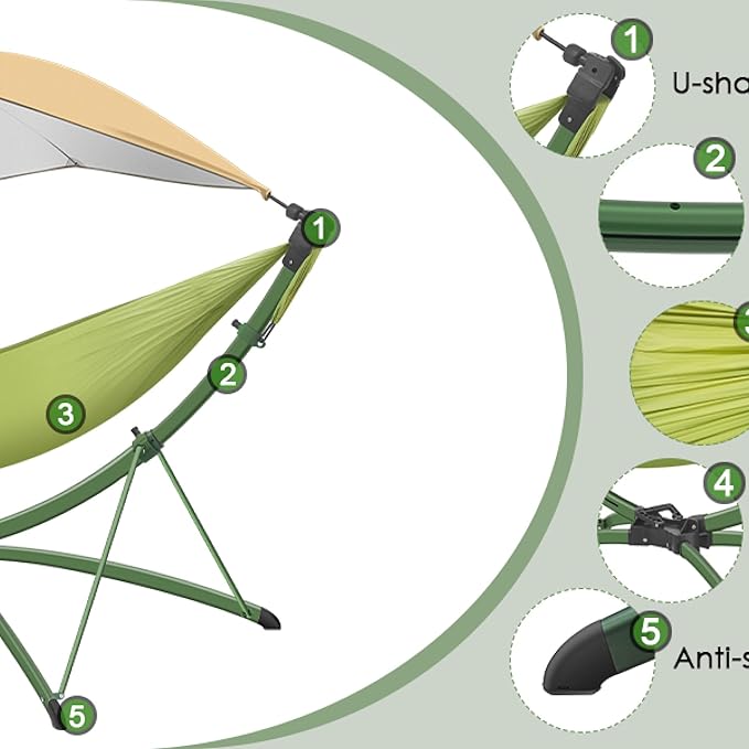 Portable Outdoor Hammock with Quick-Fold Stand and Adjustable Sunshade for Ultimate Relaxation in Gardens, Camping, and Beach Settings - Spacious Design with Storage Bag Included