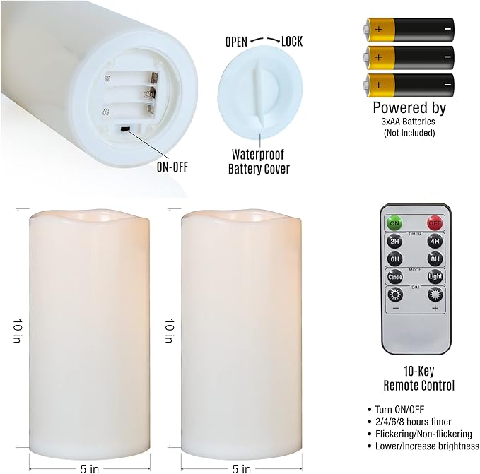 10" x 5" Waterproof Outdoor Flameless Candles Battery Operated LED Flickering Pillar Candles with Remote and Timer for Indoor Outdoor Lanterns, Long Lasting, Ivory White Large, Set of 2
