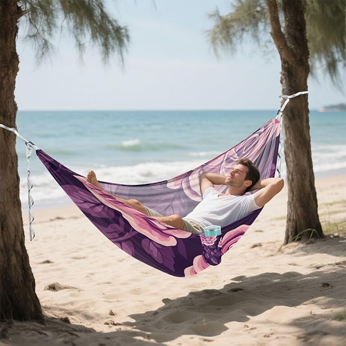 Purple Roses Blooms Camping Hammocks Rope Hammock for Patio Backyard Lounge Base