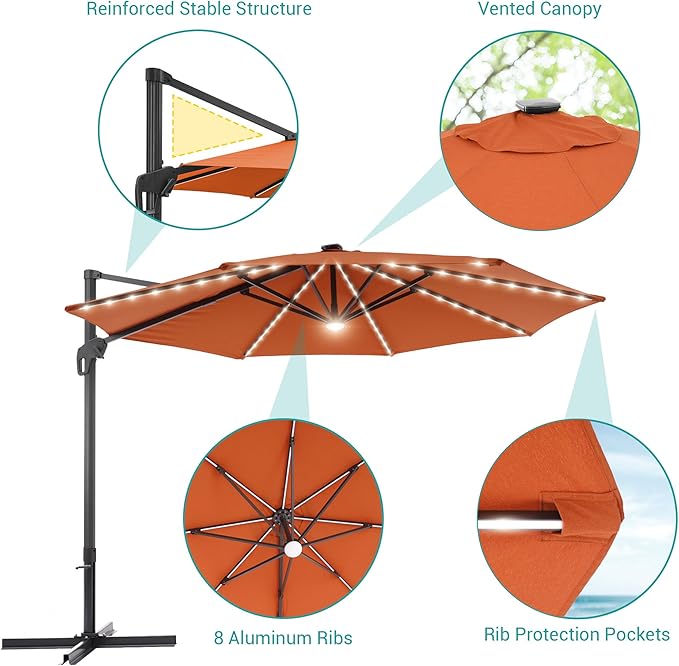 FLAME&SHADE 11 ft Cantilever Offset Patio Umbrella, Large Heavy Duty Outdoor Patio Umbrella Aluminum 360° Rotation Round Outdoor Umbrella for Deck,Pool,Backyard