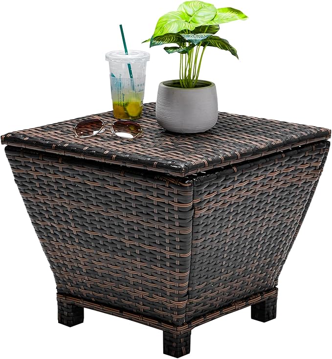 Outdoor Side Table with Storage, 13 Gallon Outdoor Bin Storage Container for Hose Cushion Towel, Patio Wicker Side Table (Brown)