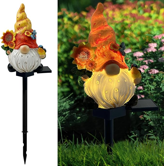 Fall Solar Gnome Garden Lights, Outdoor Gnome Statue with Sunflowers & Bird, Solar Powered Fairy Garden Lights Fall Gnomes Decorations for Home Outside Yard Lawn Patio Gnomes Gifts (Yellow)