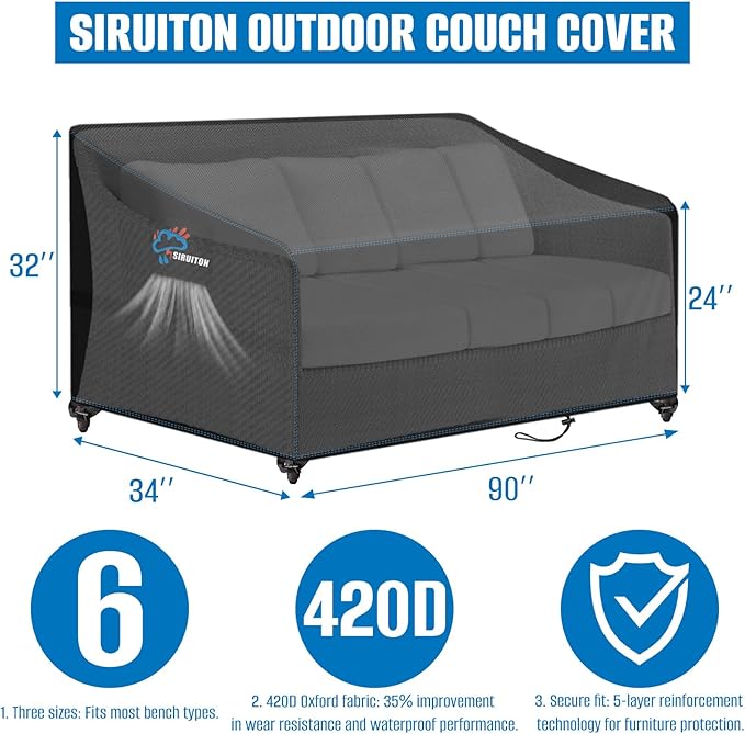 SIRUITON 3-Seat 90" W x 34" D x 32" H Garden Patio Sofa/Loveseat/Bench Cover, Heavy Duty 420D Oxford Waterproof Outdoor Sofa Cover, Lawn Patio Furniture Covers