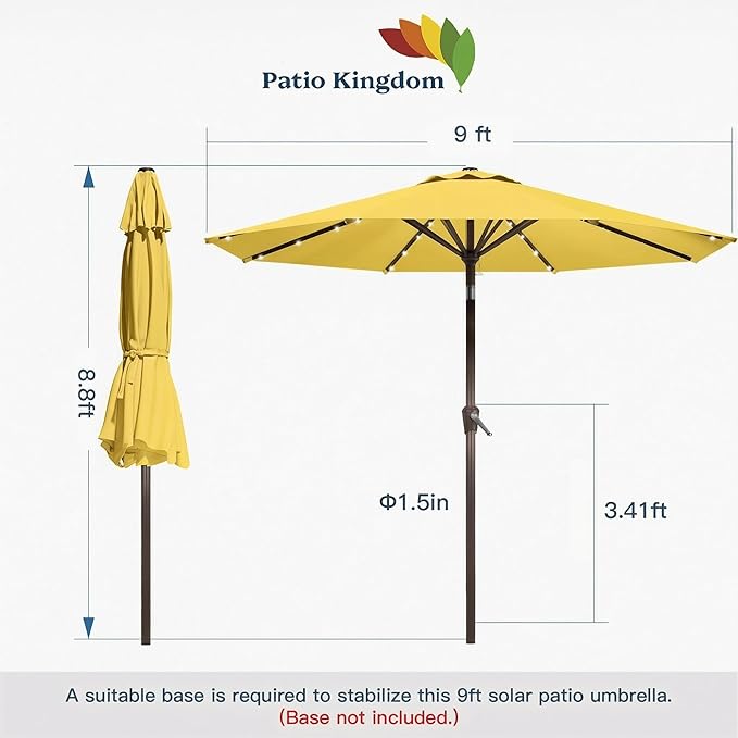 9FT Solar Umbrella 32 LED Lighted Patio Umbrella Table Market Umbrella w/Tilt and Crank, UV-Resistant Outdoor Umbrella for Pool, Garden, Deck, Sunshine Yellow