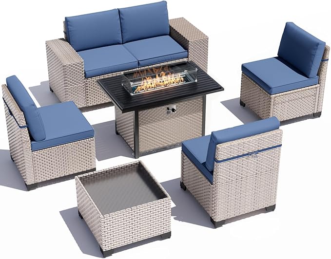 7-Piece Outdoor Patio Furniture Set with Fire Pit, Modular Sectional Sofa Set with Glass Coffee Table and Cushions, Wicker Outdoor Couch Conversation Sets, Blue