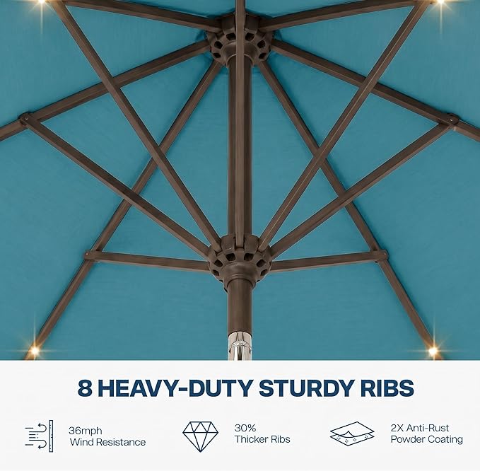 10FT Solar Patio Umbrella with Lights, Outdoor Table Market Umbrella with 32 LED Lights, 8 Sturdy Ribs, Push Button Tilt and Crank for Pool, Deck and Garden, UV-Resistant