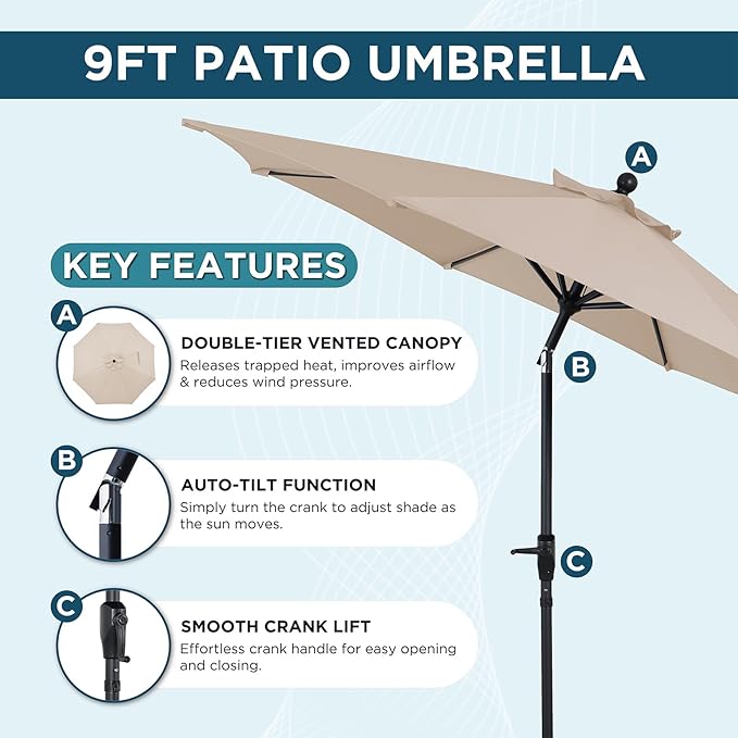 9FT Outdoor Patio Umbrella with Crank Lift & Auto Tilt - Market Umbrella, 8 Heavy-Duty Ribs, UV Resistant & Water-Repellent for Garden, Deck, Poolside & Backyard