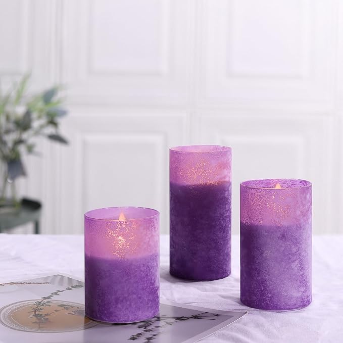 Purple Flameless Candles with Remote and Timer, Real Wax Battery Operated Candles for Home Decor, Set of 3 Flickering Glass LED Pillar Candles for Christmas Halloween Decoration