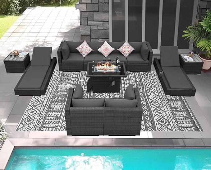 NICESOUL 11 Piece Sectional Patio Set with Loungers, Modern Backyard Seating with Firepit, Comfy 29.3'' High-Back Deep Outdoor Couch Sofa, Heavy Duty All-Weather Wicker Furniture for Deck, Dark Grey