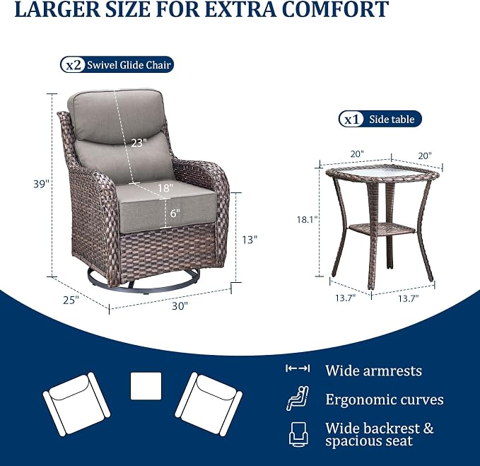 Luxury Swivel Rocker Chairs Set with 6" Thick Cushion 3 piece Wicker Outdoor Swivel Rocker Patio Chair with Side Table High Back Comfortable Outdoor Patio Furniture Set - Brown | Gery