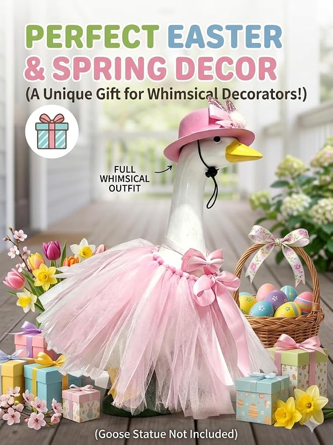 Porch Goose Outfits Summer for 17" & 23" Lawn Goose Decor with Hawaiian Skirt, Hat, Bow tie,for Yard Lawn Outdoor Garden Patio Statue Holiday Decor (Pink)