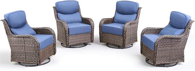 Luxury Outdoor Swivel Rocker Patio Chairs-4 Pieces High Back Swivel Rocker Patio Chairs with Thick Cushions All Weather Wicker Outdoor Furniture Set for Deck Porch Balcony(Brown/Blue)