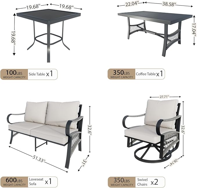 5 Pieces Patio Furniture Set, Metal Outdoor Conversation Sets with Swivel Chairs, Modern Couch Sofa Seating Group with Coffee Table and Side Table (Thick Beige Cushions)