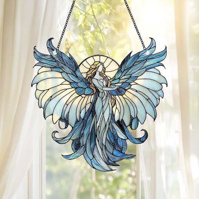 Guardian Angel Suncatcher Spiritual Religious Ornament Acrylic Stained Glass Effect Window Hanging Art Garden Decor Mom Mothers Day Decoration Gifts for Girlfriend Wife Women Teacher