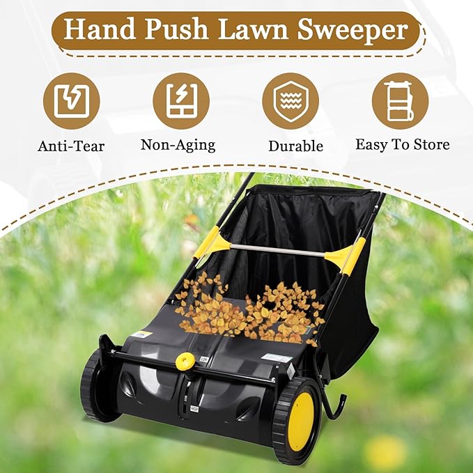 21 Inch Lawn Sweeper Push Hand Powered for Leaves, Grass Clippings & Yard Debris, 4 High-Speed Brushes & Large 7 cu ft Hopper Bag | Adjustable Height, ABS+Steel Frame (21 Inch Black)