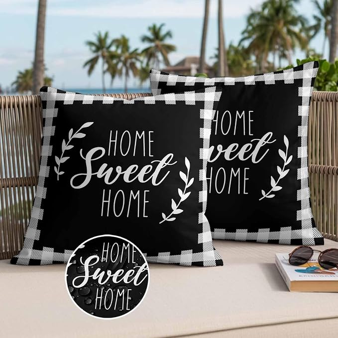 Home Sweet Home Waterproof Outdoor Pillow Covers Set of 2 Home Decor, Leaves Black Buffalo Plaid Pillowcase Patio Pillow Covers for Couch Bench Patio Furniture Garden 24x24in