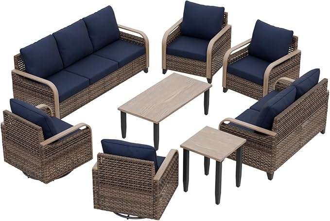 EAGLE PEAK Modern Wicker Outdoor Patio Furniture Set, Patio Conversation Set, 2 Chairs, 2 Swivel Rocker Chairs, 3-Seat Sofa, Loveseat, Coffee Table and Side Table, 8 Pieces, Brown/Blue