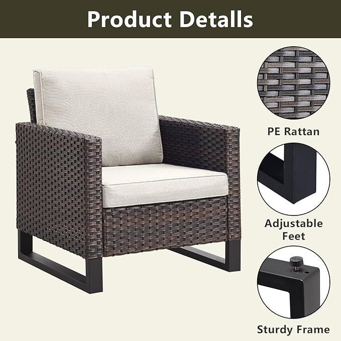 Rilyson Wicker Outdoor Patio Chairs Set - 3 Piece Rattan Patio Furniture Bistro Chairs Set with Waterproof Wicker,Comfortable Cushions and Sturdy Metal Frame for Porch Deck Backyard(Brown/Beige)