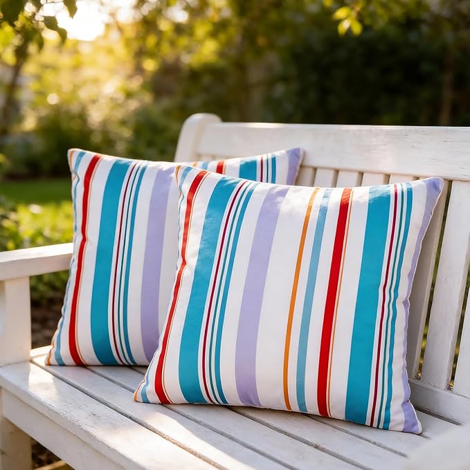 Adabana Blue Outdoor Waterproof Throw Pillow Covers 18x18, Decorative Colorful Striped Pillows Cover Set of 2 for Patio Garden Porch, Blue