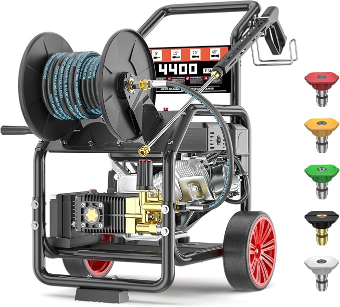4400PSI Gas Pressure Washer with Hose Reel, 4.5 GPM, Key One-Button Start 420CC 15HP Commercial Pressure Washer with 50FT 3/8" Hose, Spray Gun & Wand, 5 Quick Connect Nozzles