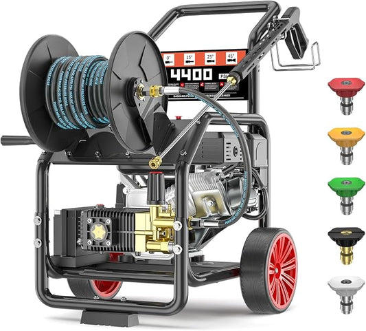 4400PSI Gas Pressure Washer with Hose Reel, 4.5 GPM, Key One-Button Start 420CC 15HP Commercial Pressure Washer with 50FT 3/8" Hose, Spray Gun & Wand, 5 Quick Connect Nozzles